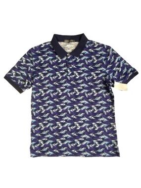 Slate & Stone Polo Shirt 100% Cotton Navy Blue Fern Print, Size M